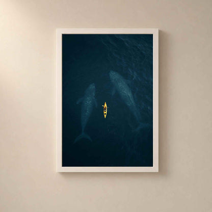 Affiche baleines et kayak, art mural photo aérienne océan, décoration bleu profond