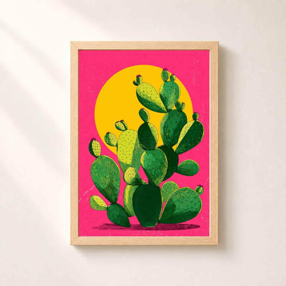 2. Affiche cactus dans un cadre en chêne naturel sur un mur beige, raquettes de cactus fleuries au trait noir façon sérigraphie.