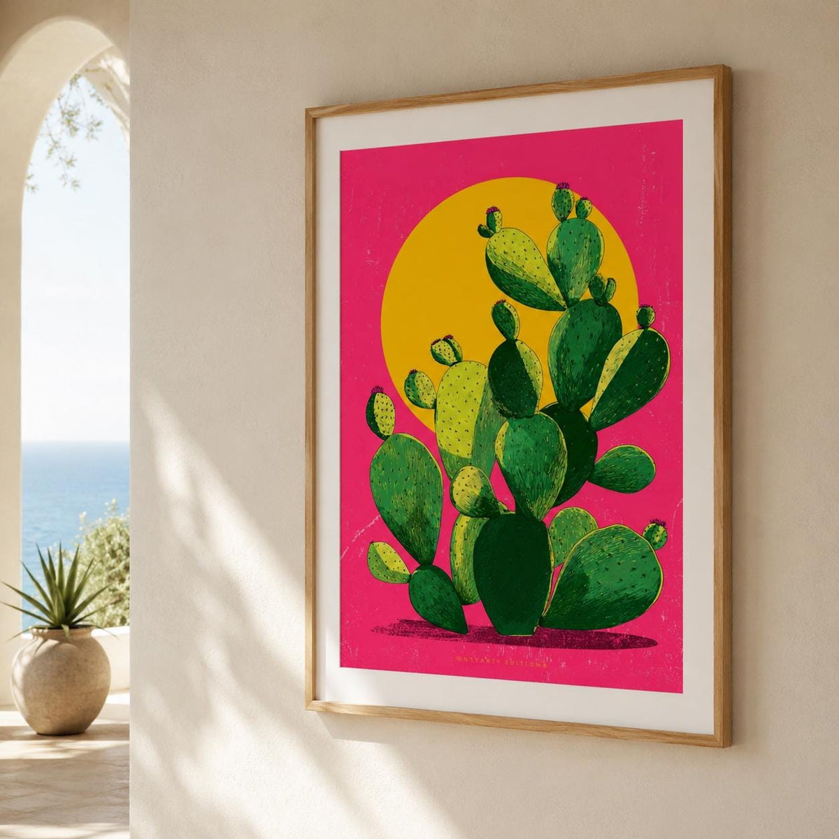 Affiche cactus pop, art mural figuier de Barbarie, illustration soleil rose et vert
