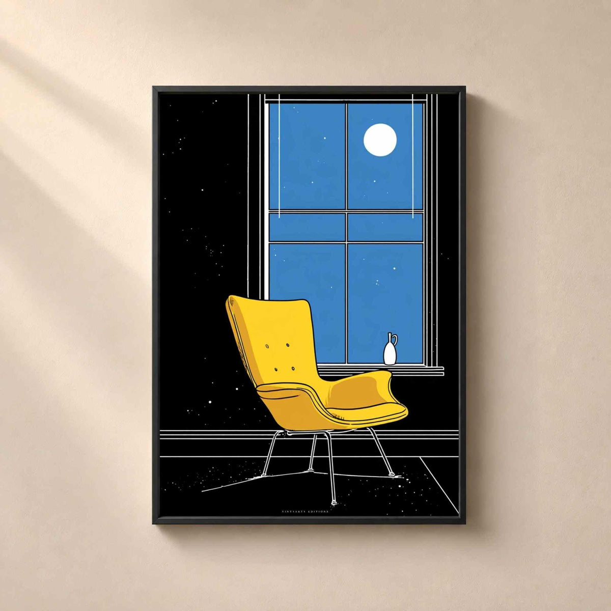Affiche fauteuil jaune clair de lune, art mural line art nuit, illustration cosy moderne