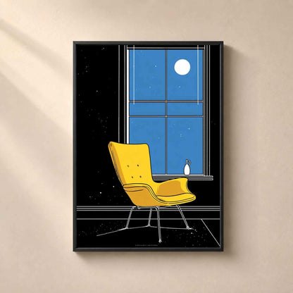 Affiche fauteuil jaune clair de lune, art mural line art nuit, illustration cosy moderne
