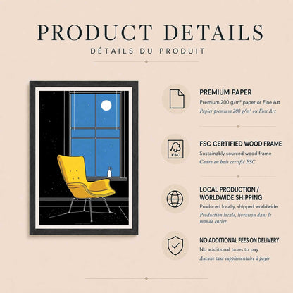 Affiche fauteuil jaune clair de lune, art mural line art nuit, illustration cosy moderne