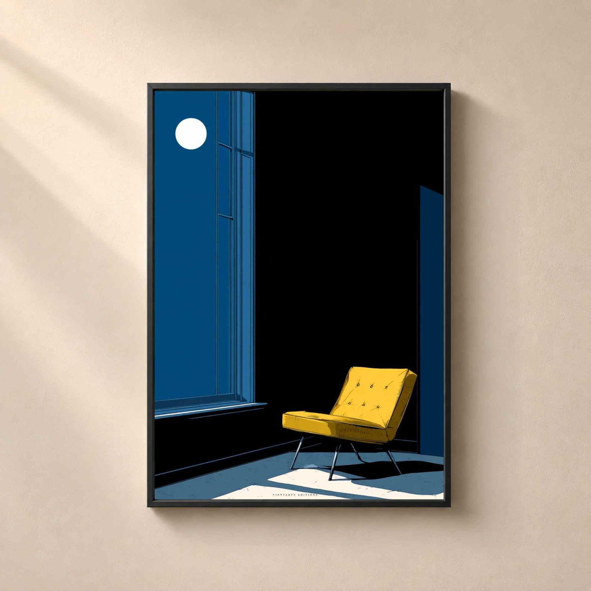 Affiche fauteuil jaune nuit, art mural intérieur minimaliste, illustration clair de lune