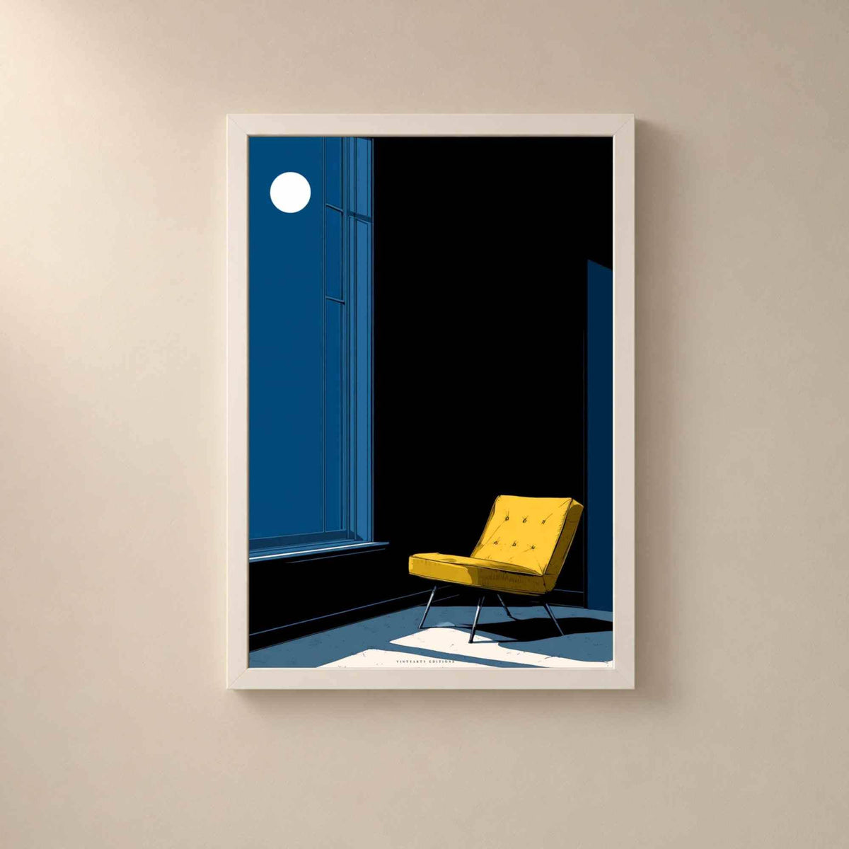 Affiche fauteuil jaune nuit, art mural intérieur minimaliste, illustration clair de lune