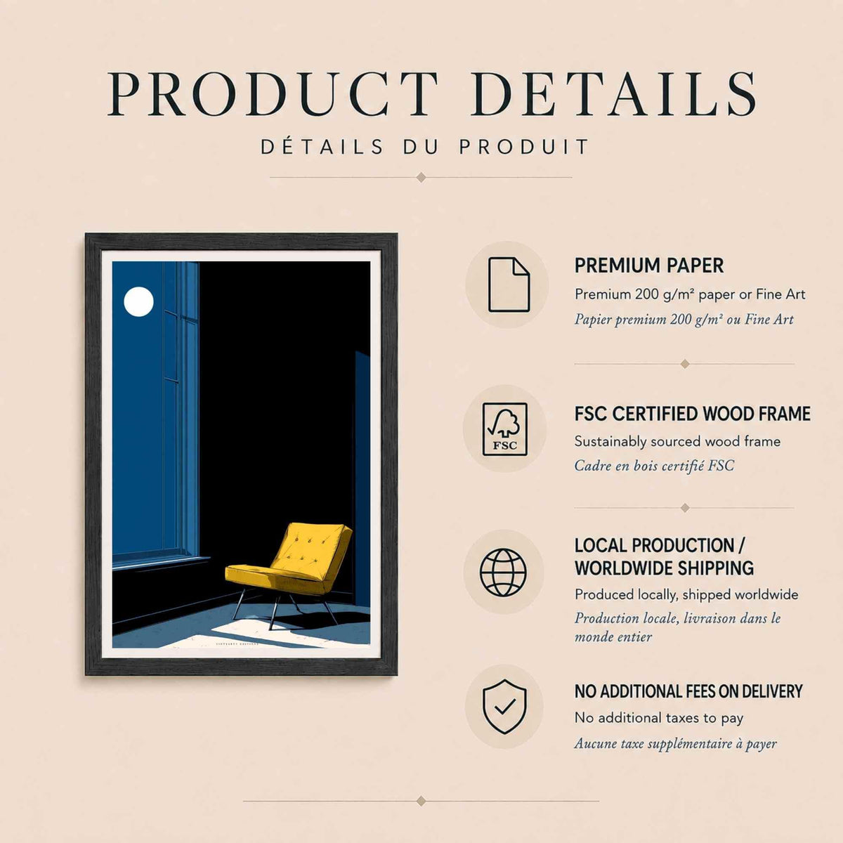 Affiche fauteuil jaune nuit, art mural intérieur minimaliste, illustration clair de lune