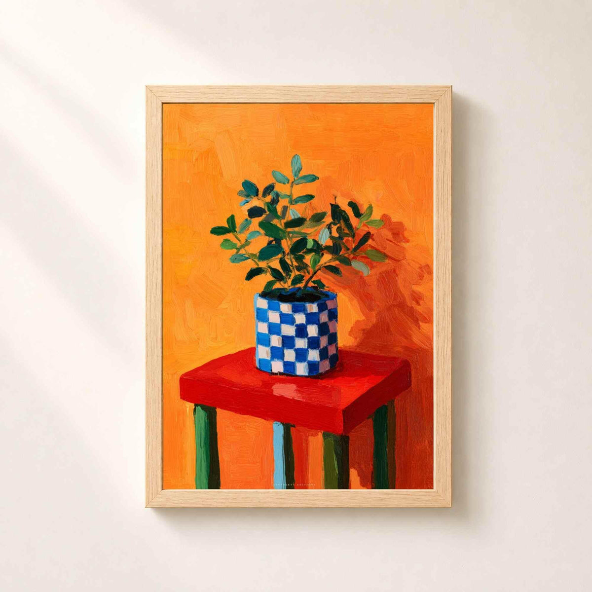 Affiche plante en pot, art mural nature morte peinte, tabouret rouge fond orange vif