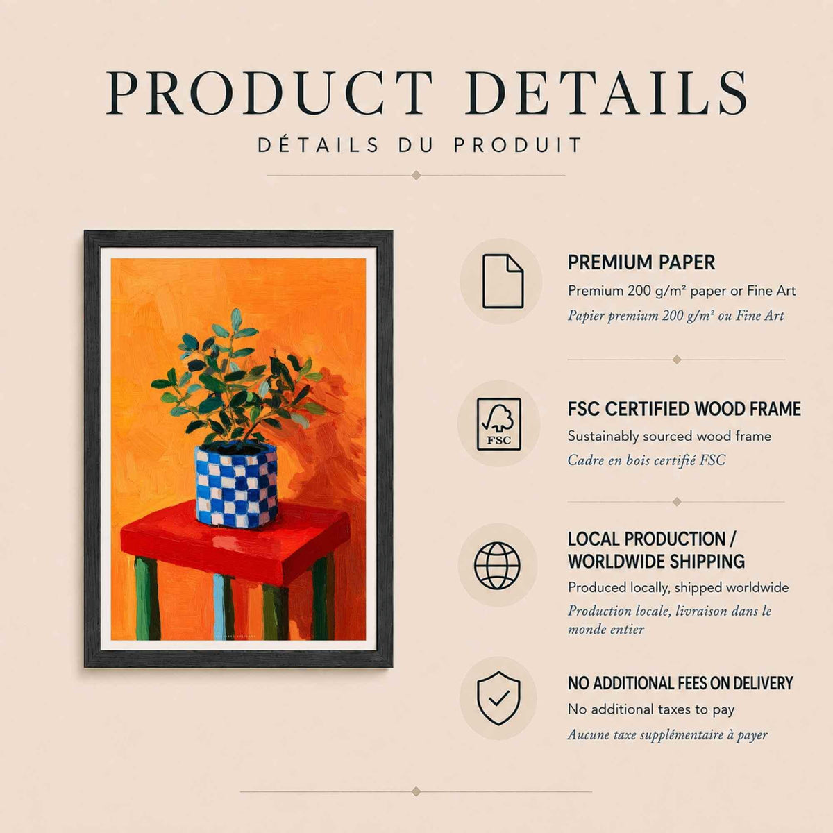 Affiche plante en pot, art mural nature morte peinte, tabouret rouge fond orange vif