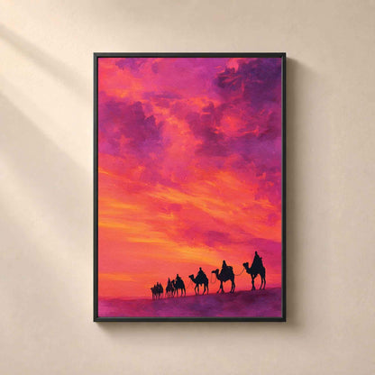 Affiche caravane coucher de soleil, art mural désert aquarelle, décoration orientale fuchsia et orange