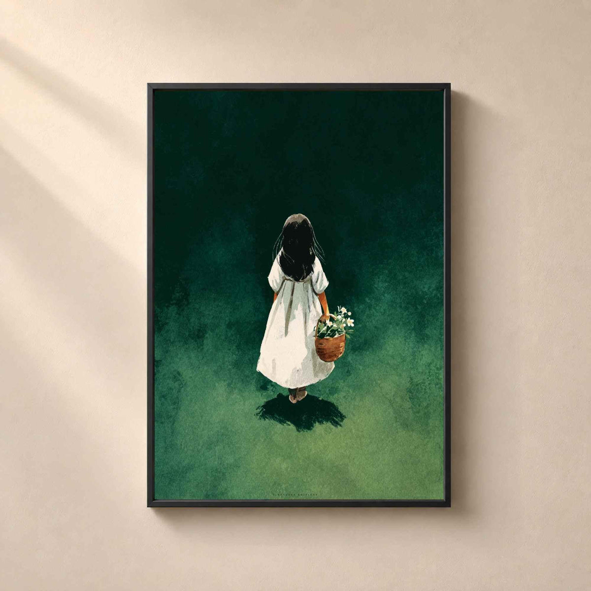 Affiche fille au panier de fleurs, art mural cottagecore, illustration verte contemplative