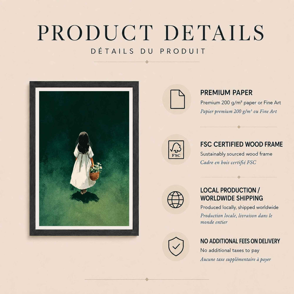 Affiche fille au panier de fleurs, art mural cottagecore, illustration verte contemplative