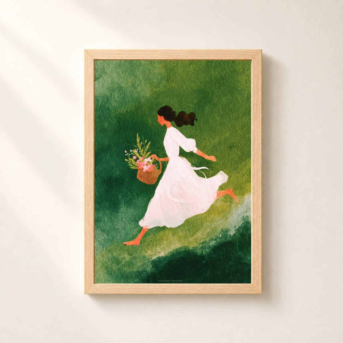 Affiche femme aux fleurs, art mural aquarelle printemps, illustration verte poétique