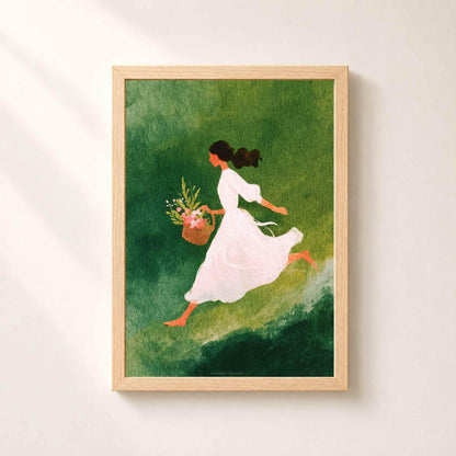 Affiche femme aux fleurs, art mural aquarelle printemps, illustration verte poétique