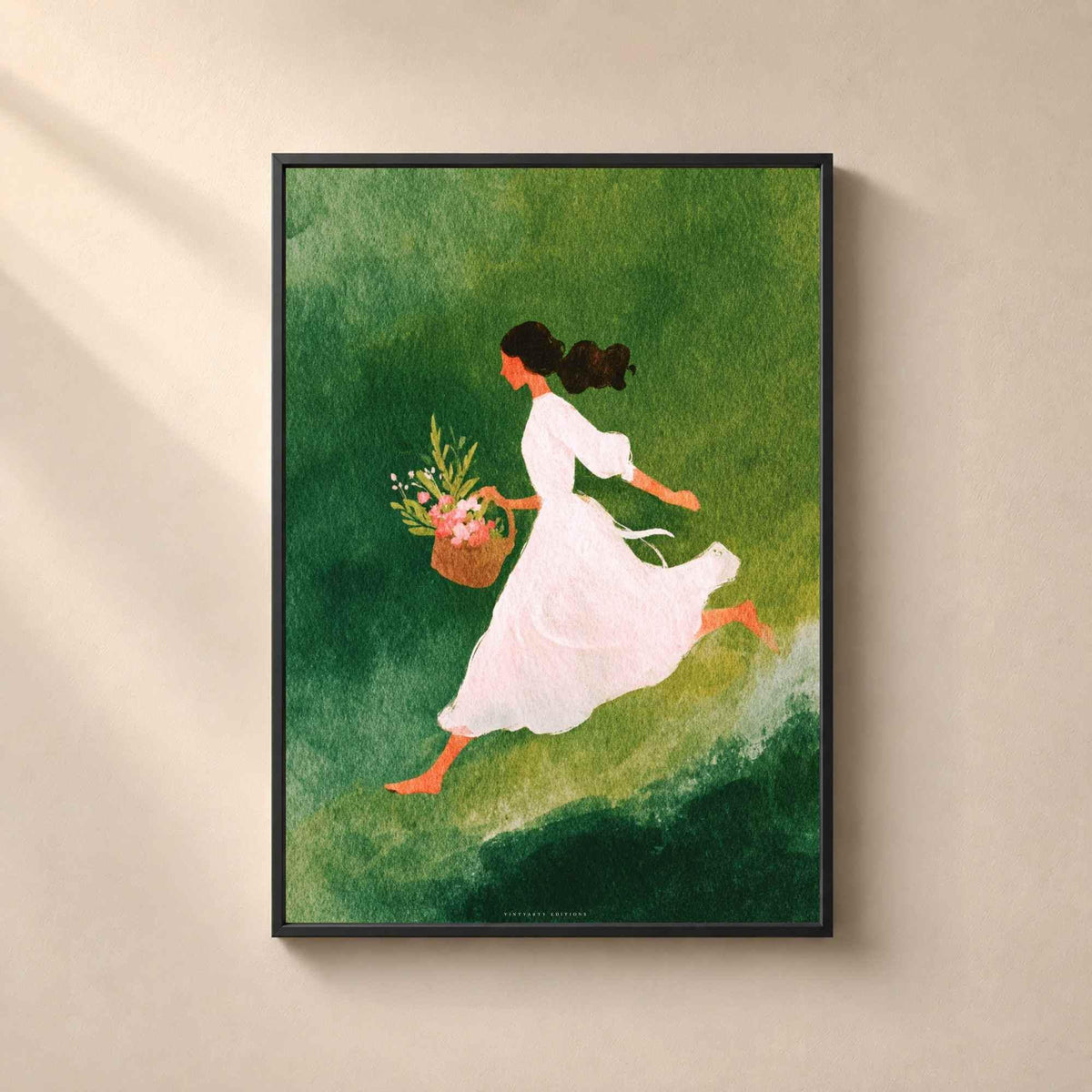 Affiche femme aux fleurs, art mural aquarelle printemps, illustration verte poétique