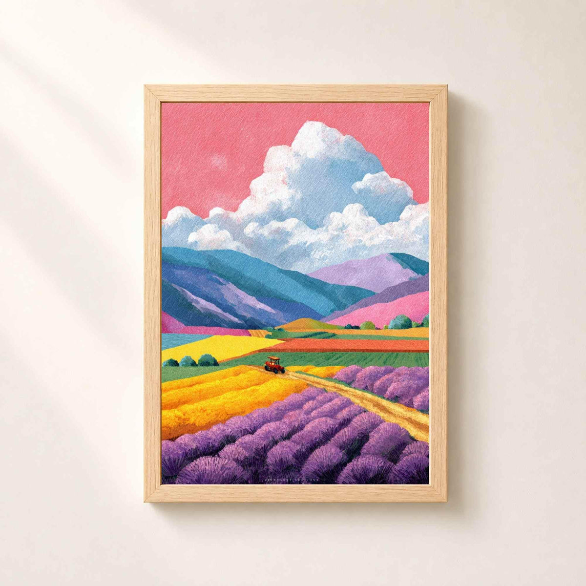 Affiche champ de lavande Provence, art mural paysage coloré, illustration montagnes riso