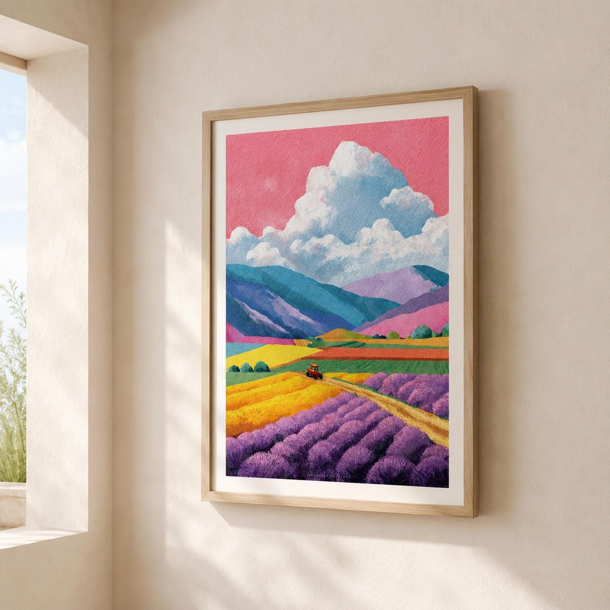 Affiche champ de lavande Provence, art mural paysage coloré, illustration montagnes riso