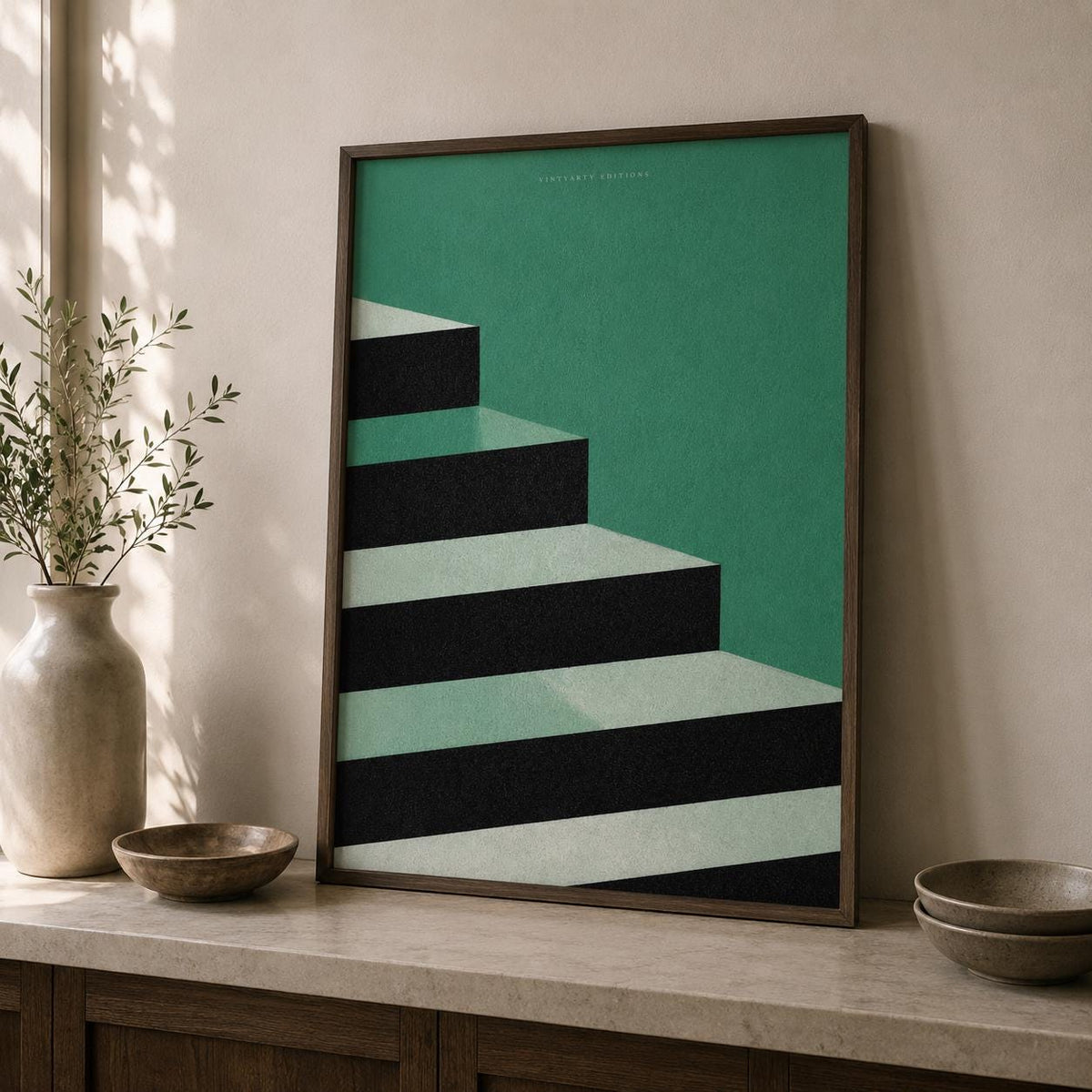 Affiche escalier abstrait vert, art mural géométrique minimaliste, illustration architecture riso
