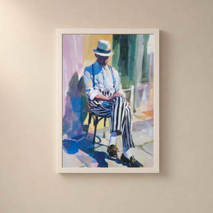 Affiche homme au chapeau panama, art mural peinture figurative, portrait méditerranéen coloré