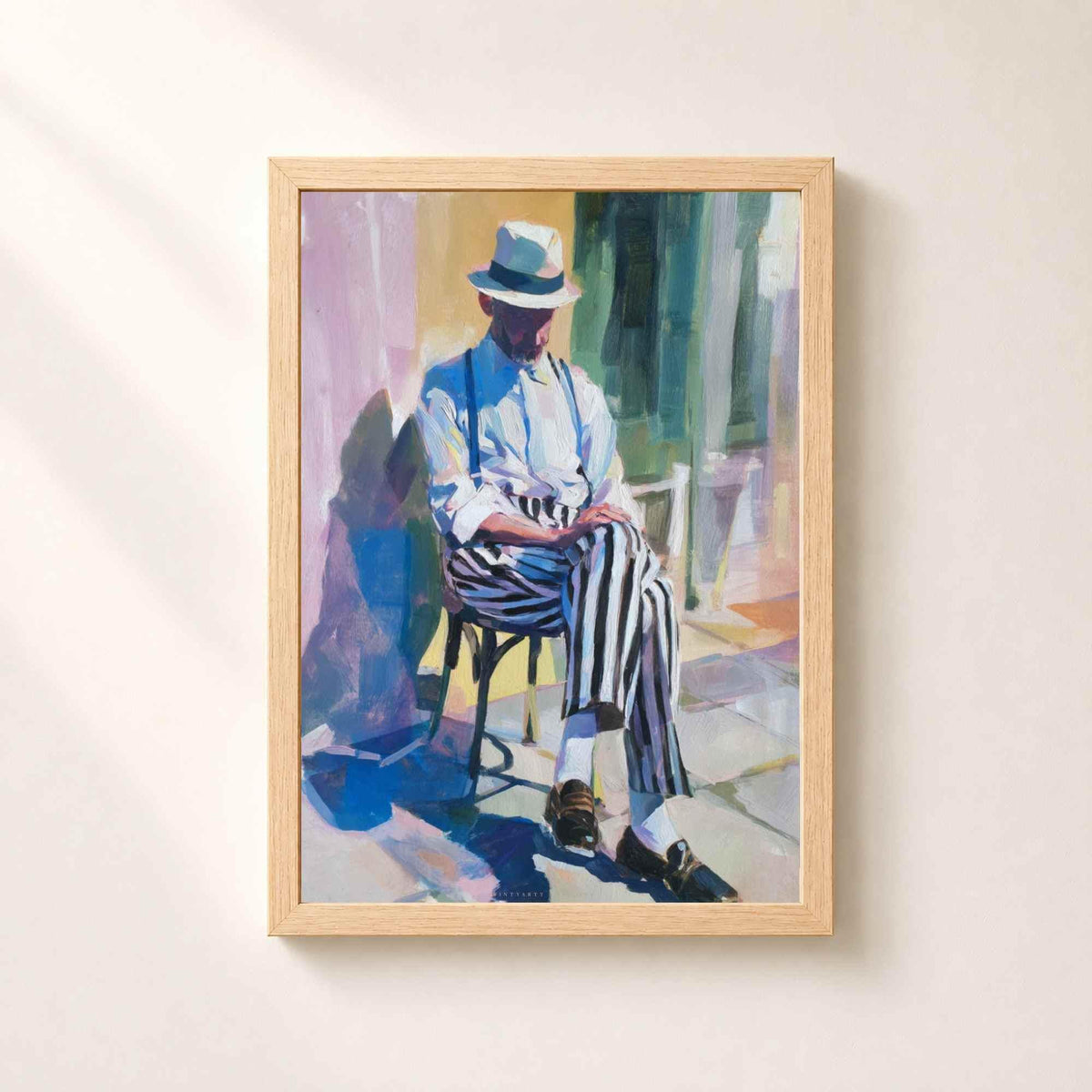 Affiche homme au chapeau panama, art mural peinture figurative, portrait méditerranéen coloré