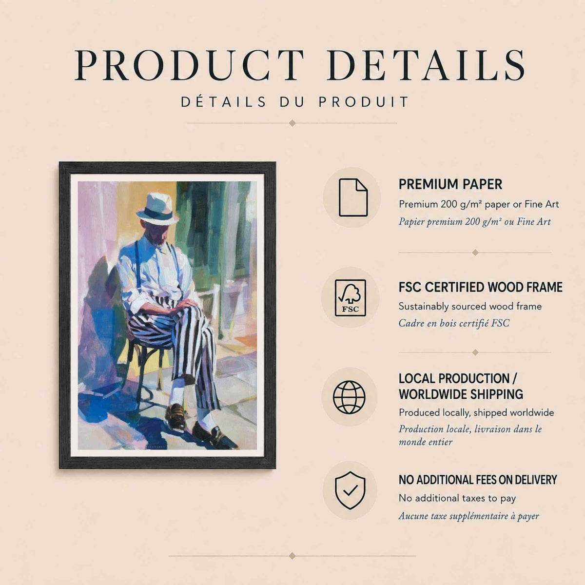 Affiche homme au chapeau panama, art mural peinture figurative, portrait méditerranéen coloré