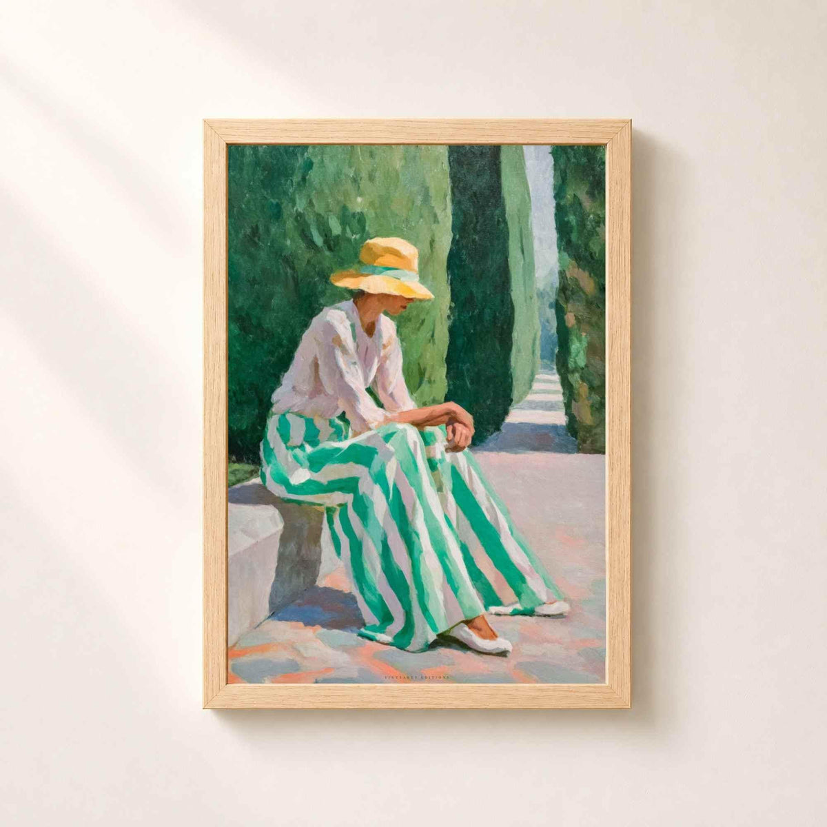 Affiche femme au chapeau jardin, art mural peinture figurative, portrait méditerranéen cyprès
