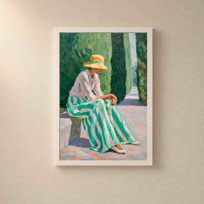 Affiche femme au chapeau jardin, art mural peinture figurative, portrait méditerranéen cyprès