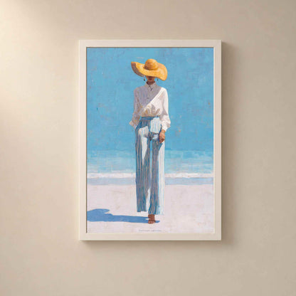 Affiche femme chapeau de paille plage, art mural peinture mode, portrait bord de mer bleu