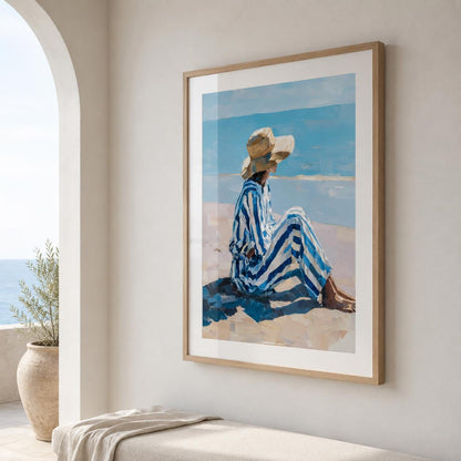 Affiche femme assise plage, art mural peinture impressionniste, portrait bord de mer bleu