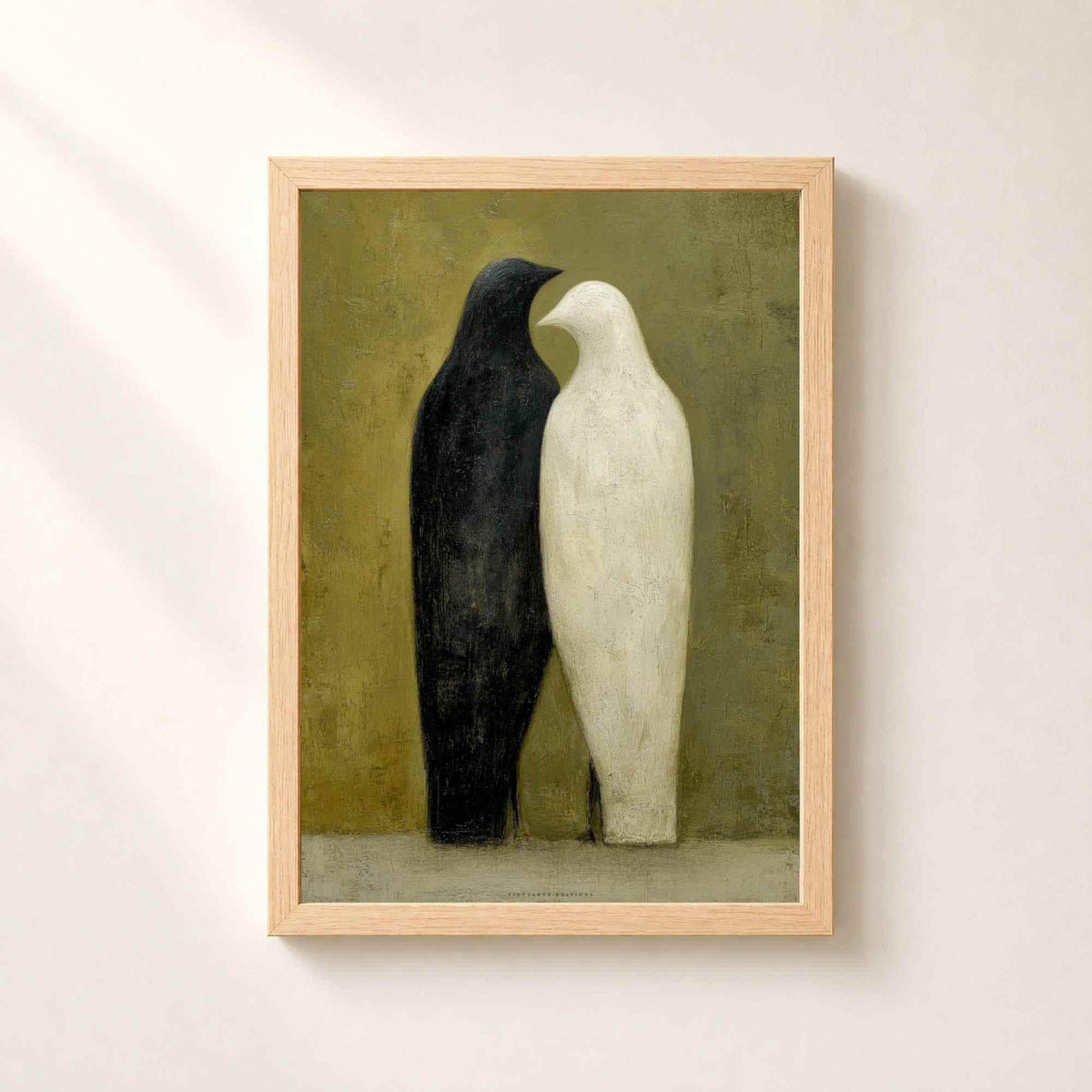 Affiche deux oiseaux noir et blanc, art mural couple minimaliste, peinture folk fond olive