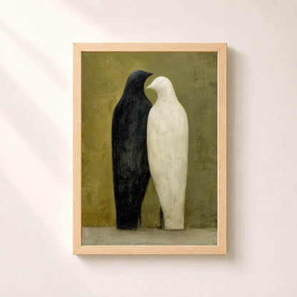 Affiche deux oiseaux noir et blanc, art mural couple minimaliste, peinture folk fond olive