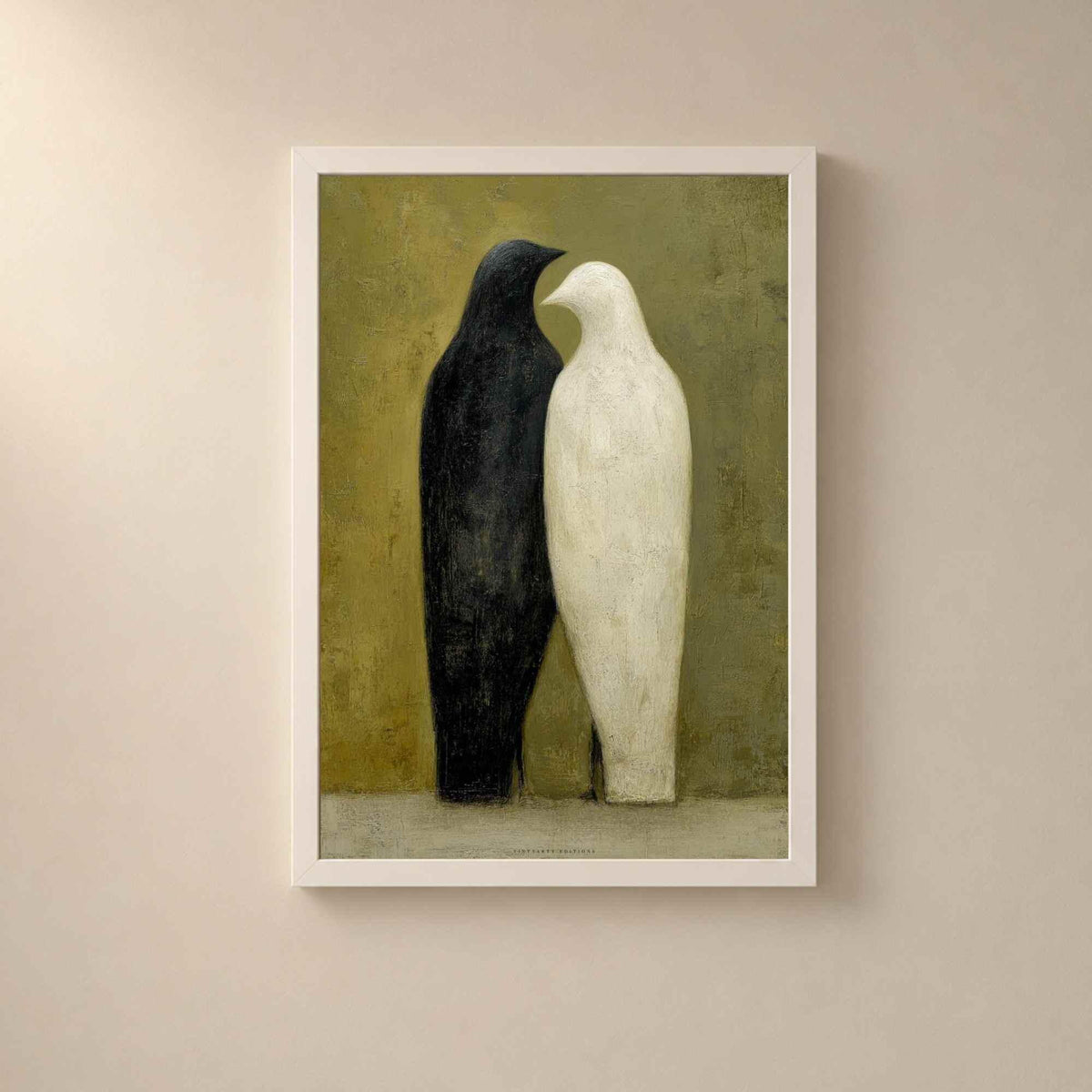 Affiche deux oiseaux noir et blanc, art mural couple minimaliste, peinture folk fond olive