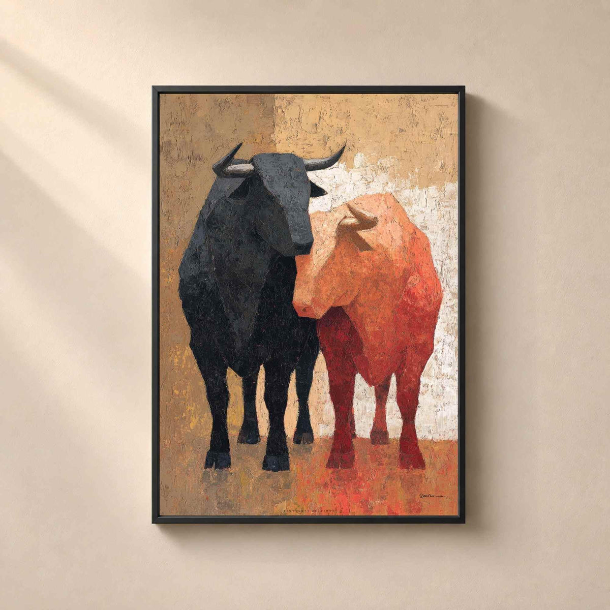 Affiche deux taureaux, art mural peinture espagnole, toile au couteau ocre et rouge