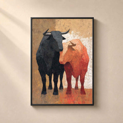 Affiche deux taureaux, art mural peinture espagnole, toile au couteau ocre et rouge