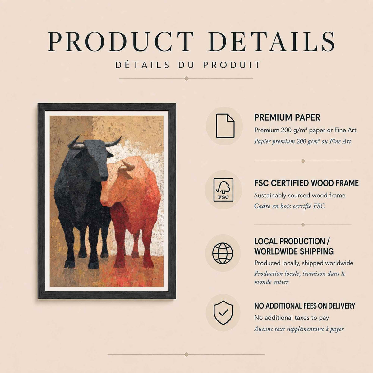 Affiche deux taureaux, art mural peinture espagnole, toile au couteau ocre et rouge
