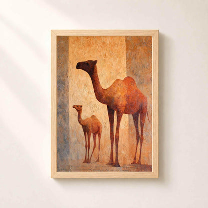 Affiche dromadaire et son petit, art mural peinture orientale, toile texturée ocre et terre cuite