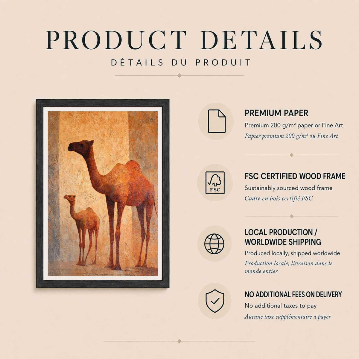 Affiche dromadaire et son petit, art mural peinture orientale, toile texturée ocre et terre cuite