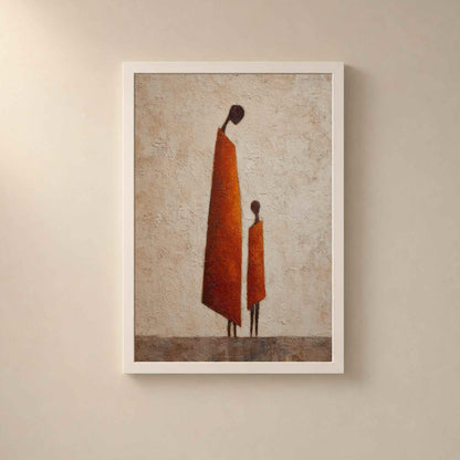 Affiche mère et enfant africaine, art mural silhouette terracotta, peinture texturée orange