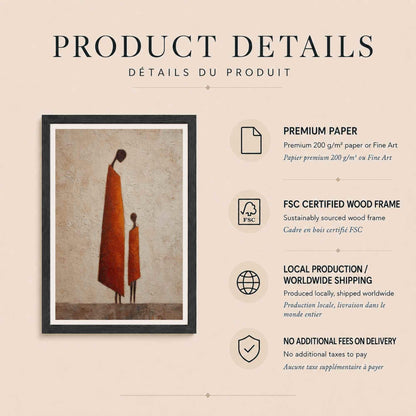 Affiche mère et enfant africaine, art mural silhouette terracotta, peinture texturée orange