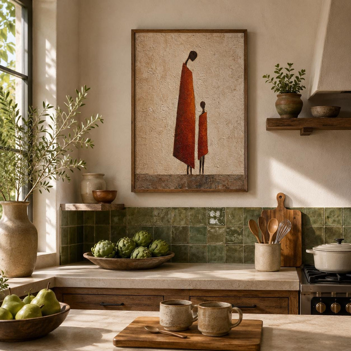 Affiche mère et enfant africaine, art mural silhouette terracotta, peinture texturée orange