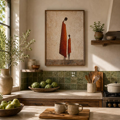 Affiche mère et enfant africaine, art mural silhouette terracotta, peinture texturée orange
