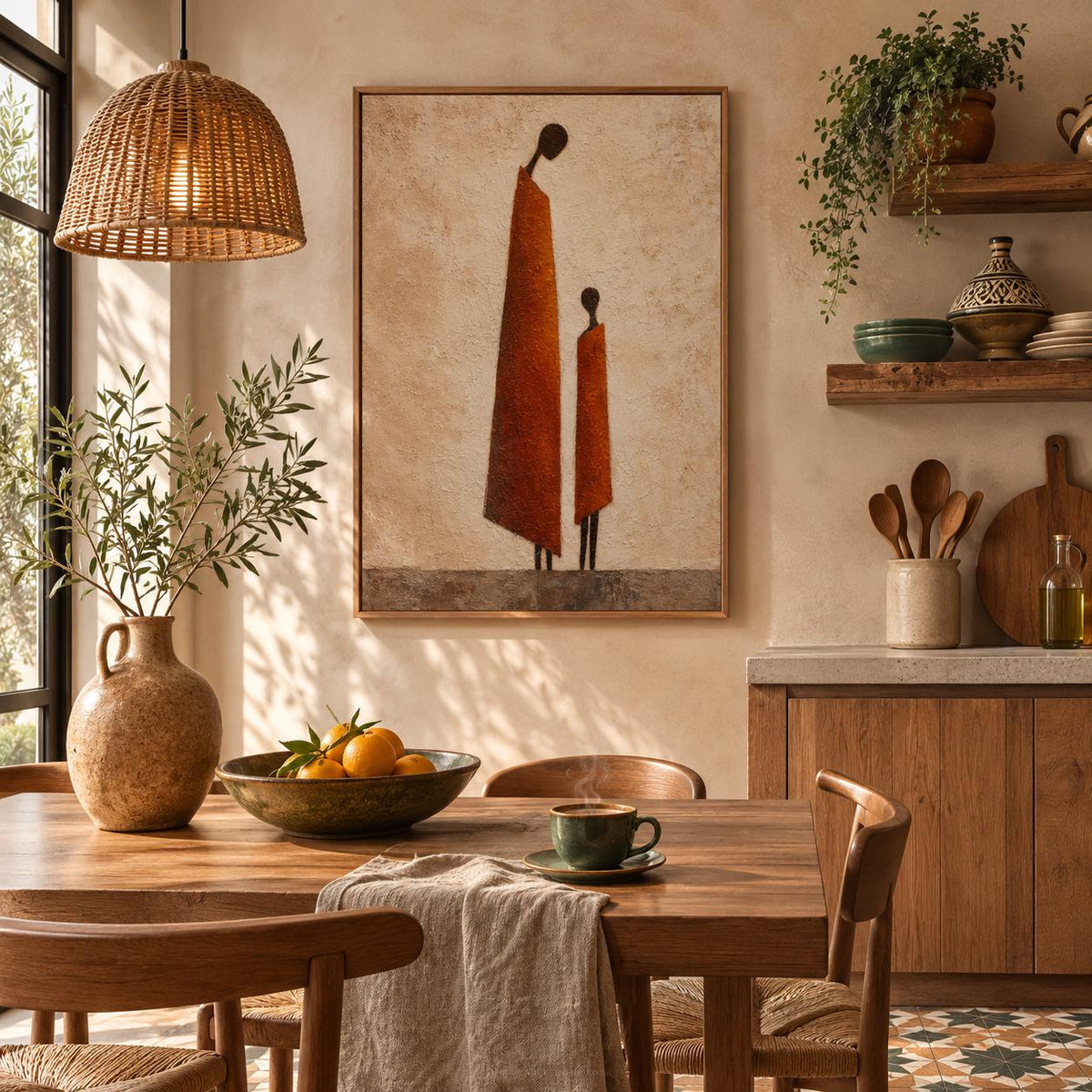 Affiche mère et enfant africaine, art mural silhouette terracotta, peinture texturée orange