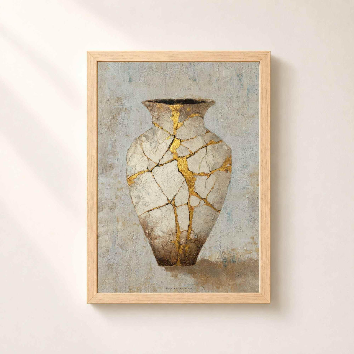 Affiche vase kintsugi doré, art mural wabi-sabi, peinture céramique fêlée réparée à l'or