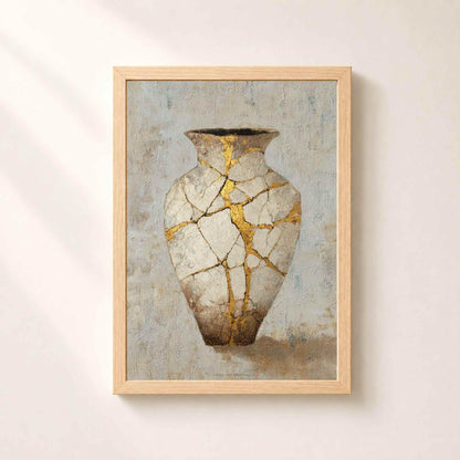Affiche vase kintsugi doré, art mural wabi-sabi, peinture céramique fêlée réparée à l'or