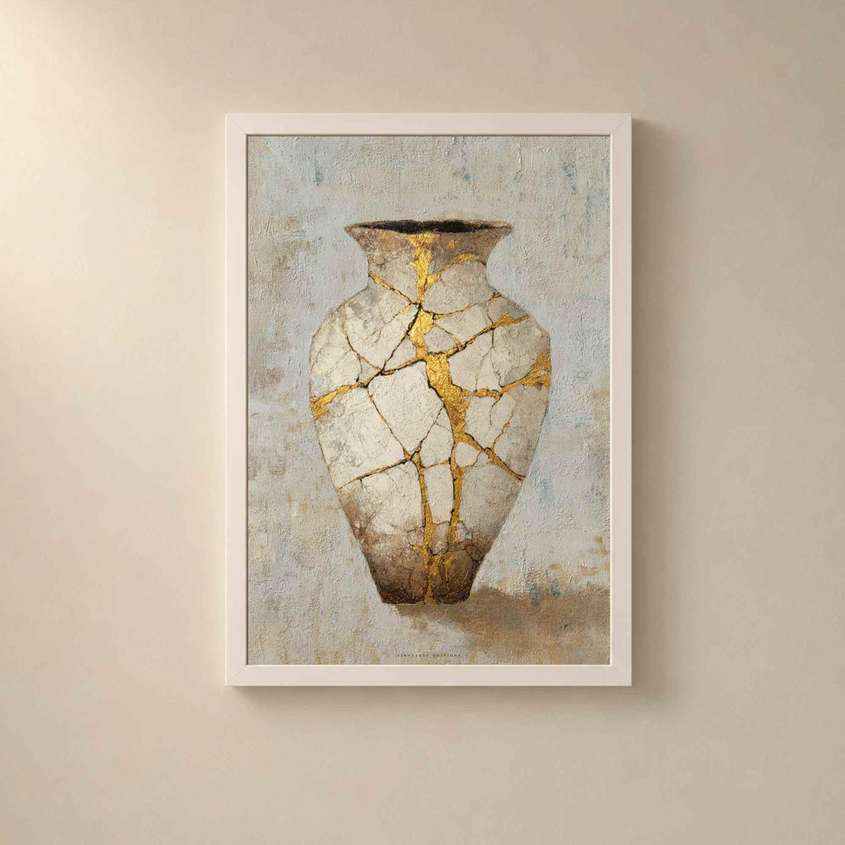 Affiche vase kintsugi doré, art mural wabi-sabi, peinture céramique fêlée réparée à l'or