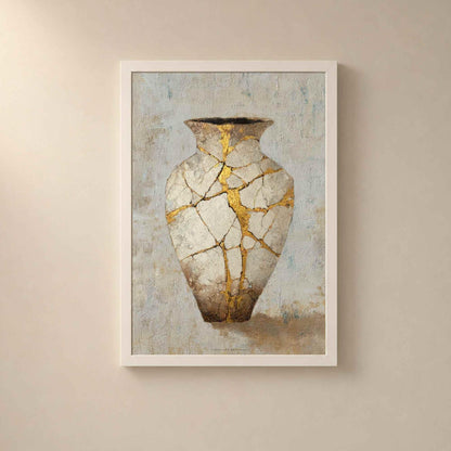 Affiche vase kintsugi doré, art mural wabi-sabi, peinture céramique fêlée réparée à l'or