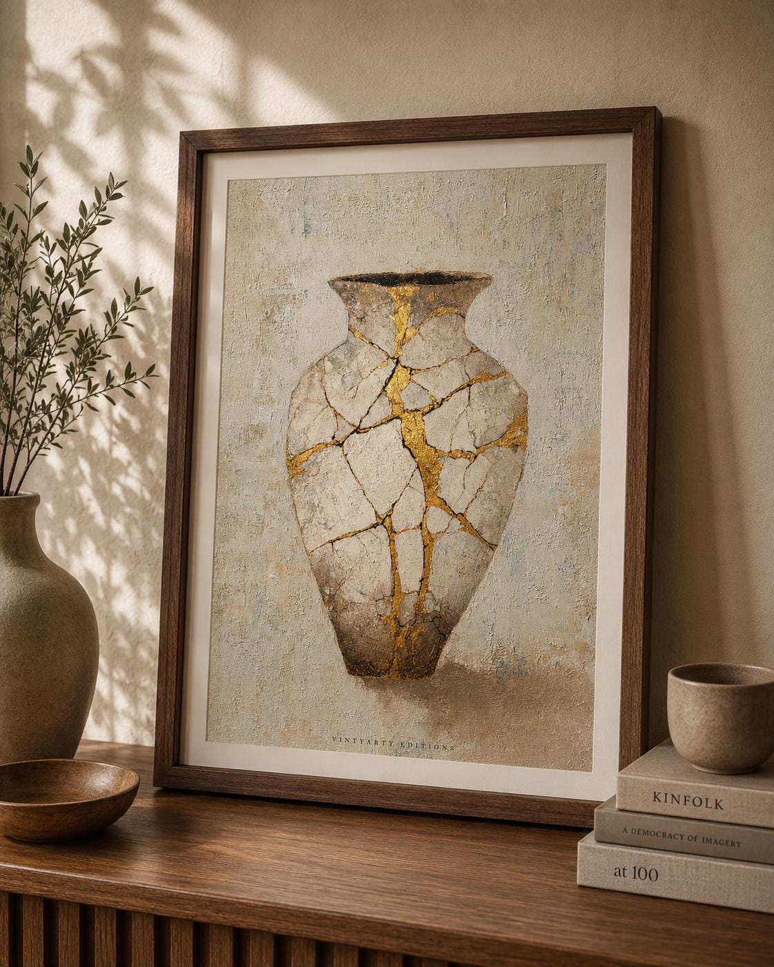 Affiche kintsugi dans un cadre en bois sombre sur un mur clair, vase de céramique réparé à l'or sur un fond plâtre patiné.
