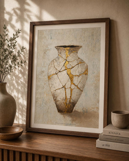 Affiche kintsugi dans un cadre en bois sombre sur un mur clair, vase de céramique réparé à l'or sur un fond plâtre patiné.