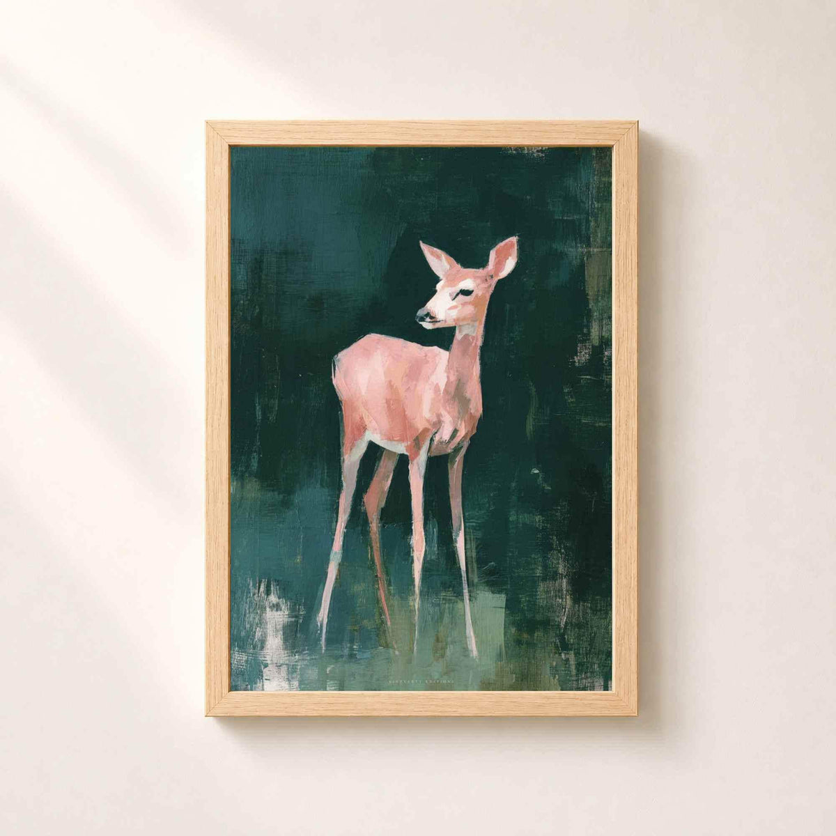 Affiche faon rose fond vert, art mural chambre enfant, peinture animale forêt nursery