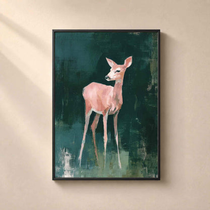 Affiche faon rose fond vert, art mural chambre enfant, peinture animale forêt nursery