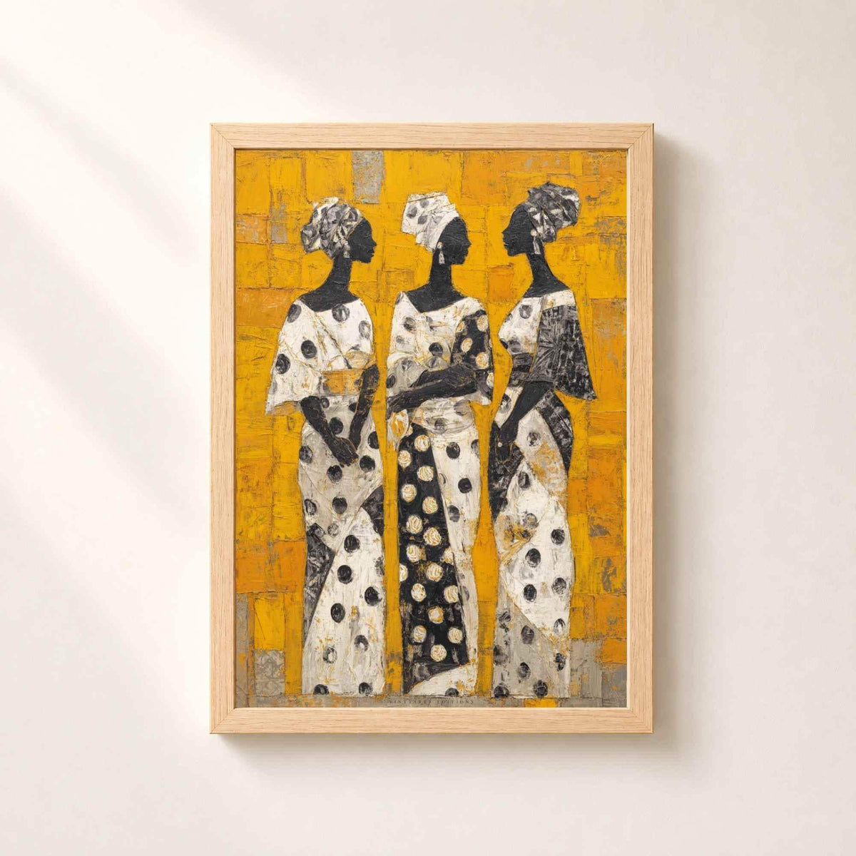 Affiche trois femmes africaines, art mural peinture ethnique, toile texturée jaune et noir