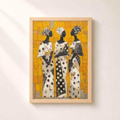 Affiche trois femmes africaines, art mural peinture ethnique, toile texturée jaune et noir